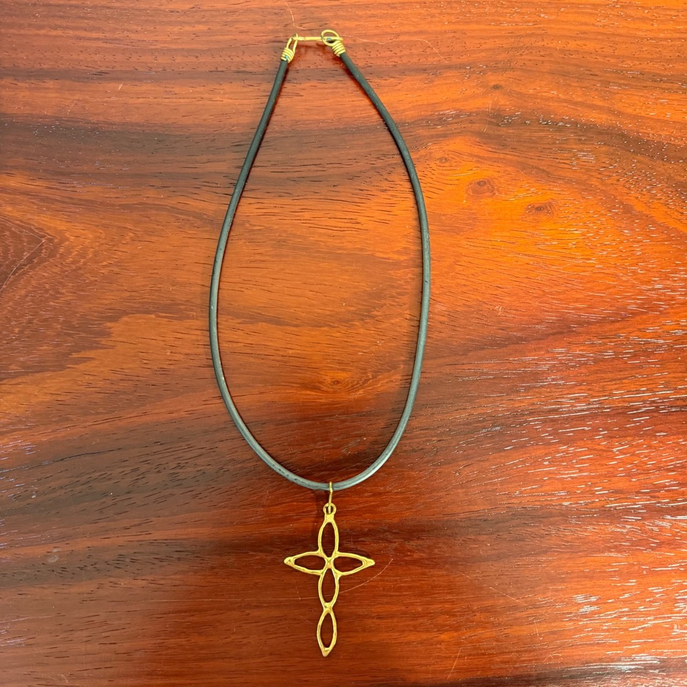 Gold Tone Openwork Cross Pendant Necklace Black Rubber Cord Artisanal Boho 18in